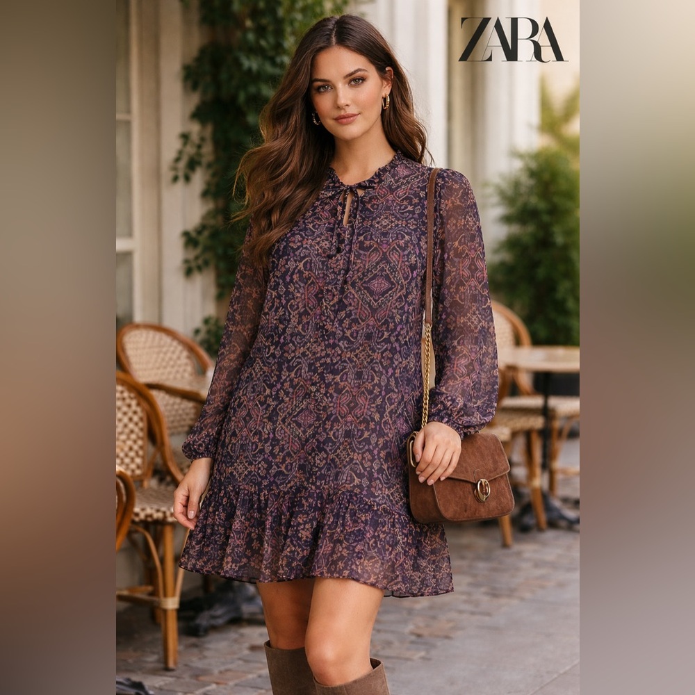 Zara XXL Boho Paisley Print Dress Tunic Sheer Hem Long Sleeve Made in Turkey